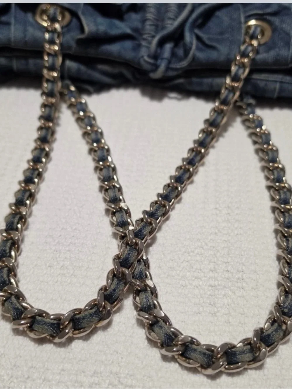 bebe Denim Ruffle Satchel - Blue with Gold Accents